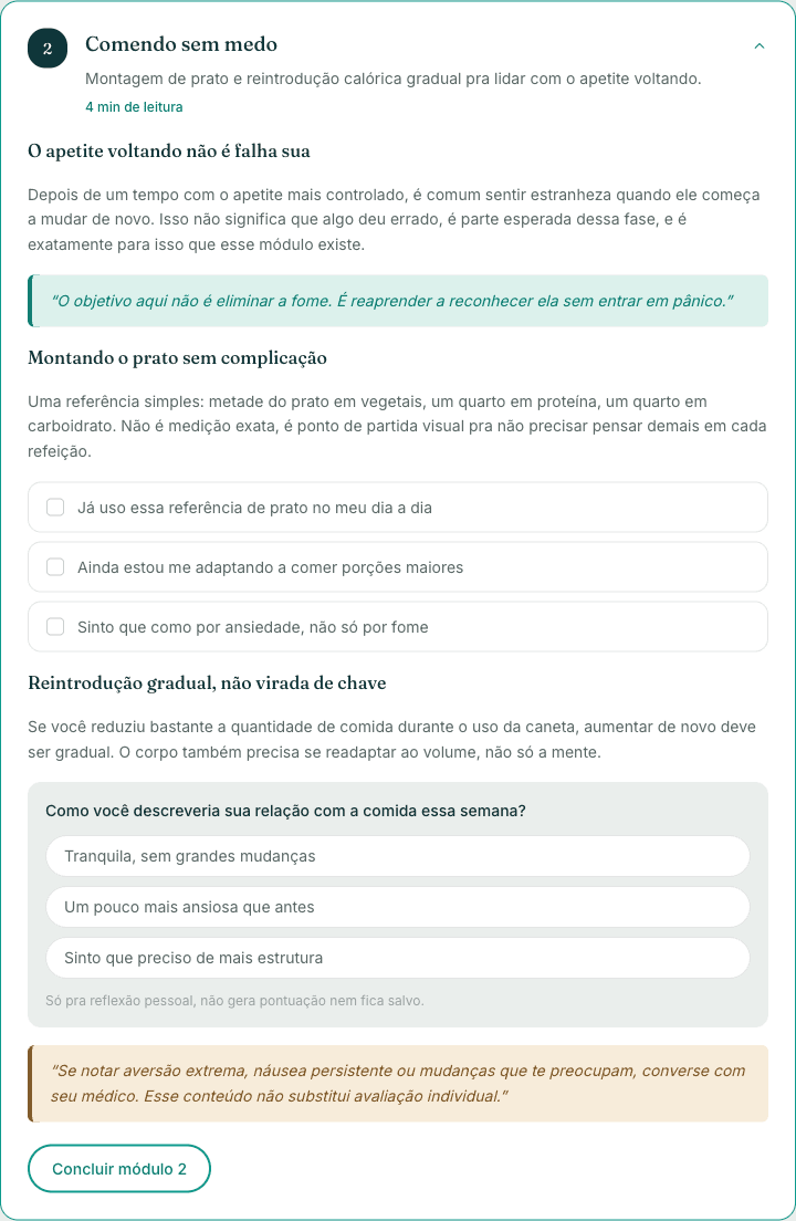 Módulo do protocolo expandido, mostrando conteúdo, dica e checklist